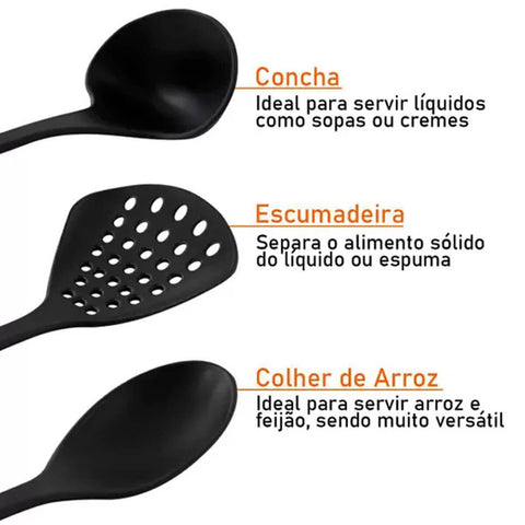 Jogo de Utensílio em Nylon 6 Peças Colheres Espátula Concha Escumadeira e Pegador Utily Preto