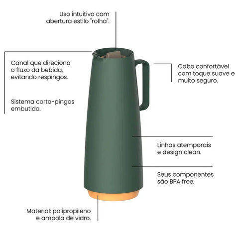 Garrafa Térmica 1L em Plástico com Ampola de Vidro Bule Térmico Tramontina Verde