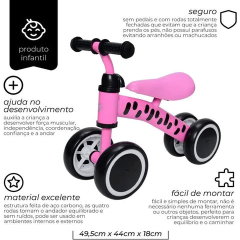 Bicicleta Infantil Andador sem Pedal com Guidão Anatômico e Banco Ajustável Zipp Toys Rosa