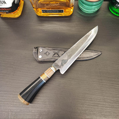 Faca Disco de Arado 7' Pequena Aço Carbono 1070 Cabo Chifre Brut Forge Artesanal