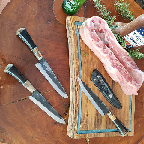 Faca Disco de Arado 7' Pequena Aço Carbono 1070 Cabo Chifre Brut Forge Artesanal