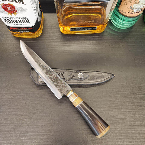 Faca Disco de Arado 7' Pequena Aço Carbono 1070 Cabo Chifre Brut Forge Artesanal