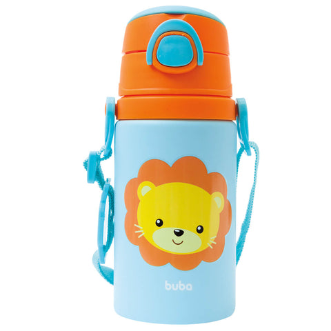 Garrafa de Alumínio 450ml Infantil Buba Leão Squeeze Garrafinha Lancheira Canudo Água Suco