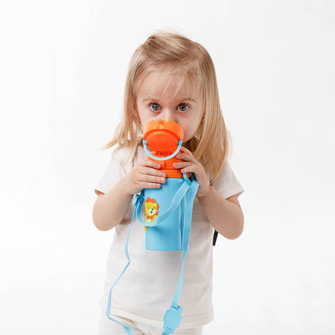 Garrafa de Alumínio 450ml Infantil Buba Leão Squeeze Garrafinha Lancheira Canudo Água Suco