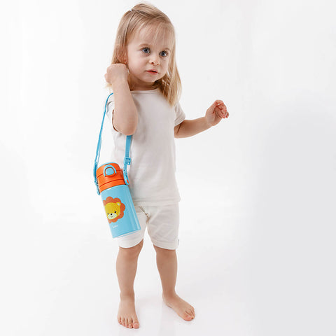 Garrafa de Alumínio 450ml Infantil Buba Leão Squeeze Garrafinha Lancheira Canudo Água Suco