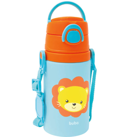 Garrafa de Alumínio 450ml Infantil Buba Leão Squeeze Garrafinha Lancheira Canudo Água Suco