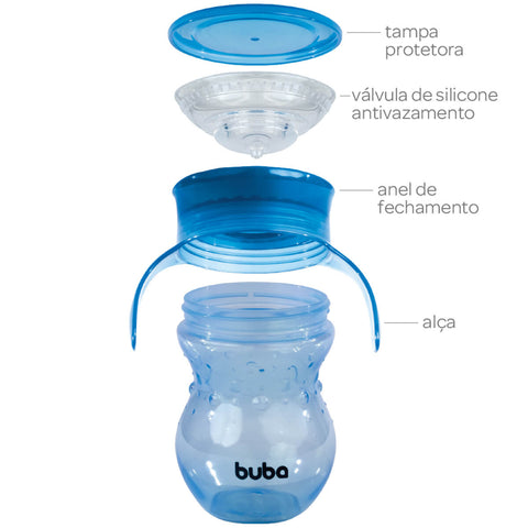 Copo de Treinamento 360° Transição Bebê Buba 250ml Antivazamento com Alça Azul