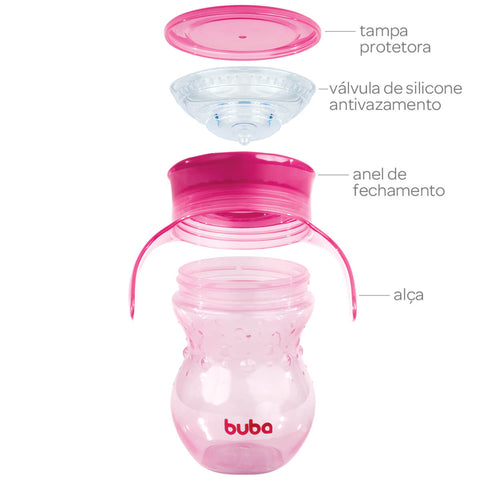 Copo de Treinamento 360° Transição Buba 250ml Rosa Antivazamento