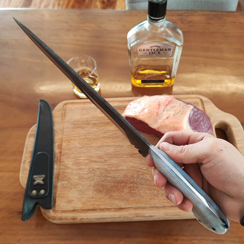 Faca Artesanal Chef de Cozinha Profissional Cabo Resinado 10' Branco Aço Carbono 1070 Açougue