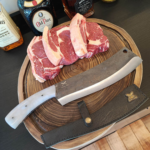 Cutelo Curvo Artesanal Chef de Cozinha 9' Profissional Restaurante Cabo Resinado Branco