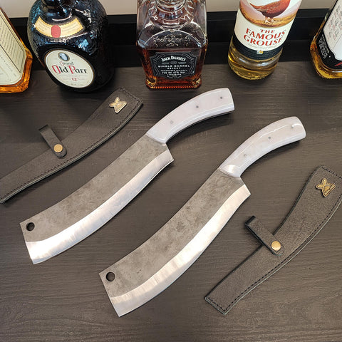 Cutelo Curvo Artesanal Chef de Cozinha 9' Profissional Restaurante Cabo Resinado Branco