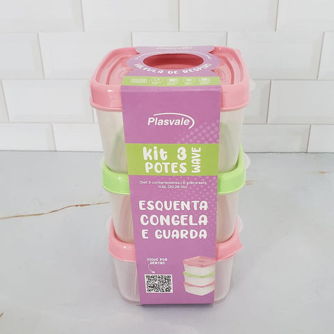 Conjunto 3 Potes de Plástico com Tampa 0,6L Plasvale para Lanche Marmita Frutas Sortido