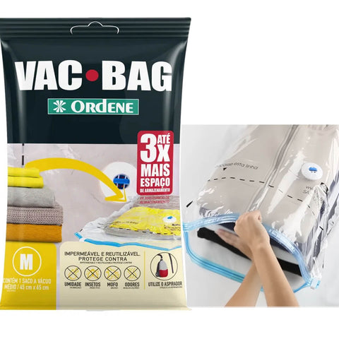 Saco Ordene Vac Bag para Roupas Médio 45x65cm A Vácuo Polietileno Reutilizável