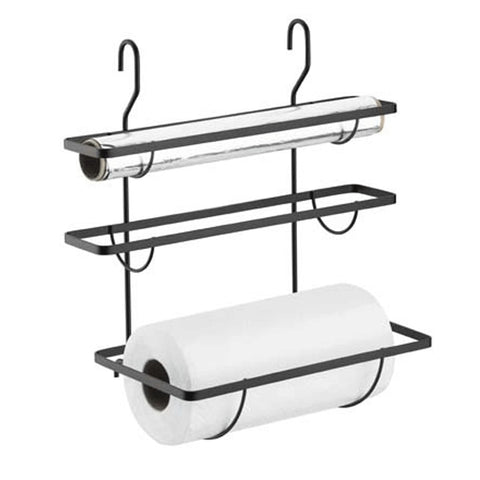 Kit Suporte Barra Cozinha Preta 70cm 3 Ganchos Ventosa Porta Rolos Temperos Condimentos