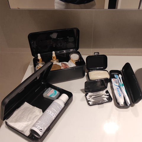 Kit Necessarias Preto para Mala Saboneteira Porta Escovas Caixas Organizadoras Viagem Maquiagem