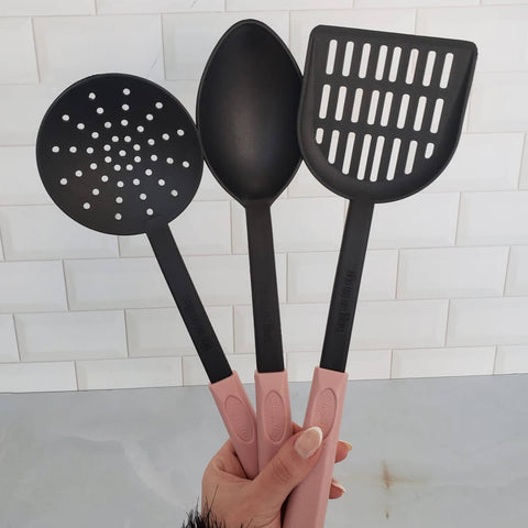 Kit 5 Utensílios de Cozinha Rosa Colher Concha Espátula Pegador Escumadeira Cinquetti