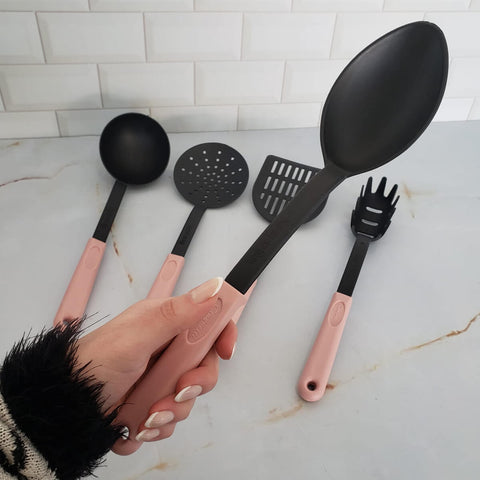 Kit 5 Utensílios de Cozinha Rosa Colher Concha Espátula Pegador Escumadeira Cinquetti