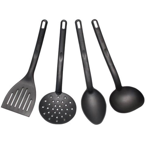 Conjunto 4 Utensílios de Cozinha Plástico Preto Colher Concha Escumadeira Espátula