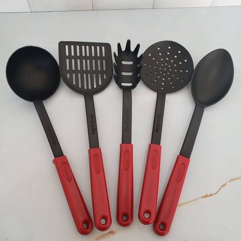 Kit 5 Utensílios de Cozinha Vermelho Colher Concha Espátula Pegador Escumadeira Cinquetti