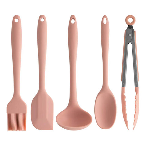 Conjunto Talheres de Silicone Rosa Cozinhar 5 peças Colher Concha Espátula Pincel Pegador OU