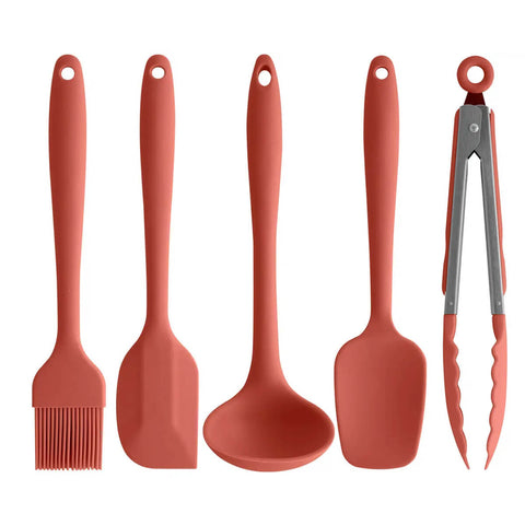 Kit Talheres de Silicone Terracota para Cozinhar Conjunto 5 Utensílios OU Concha Pegador Pincél Espátulas