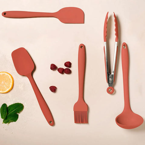 Kit Talheres de Silicone Terracota para Cozinhar Conjunto 5 Utensílios OU Concha Pegador Pincél Espátulas