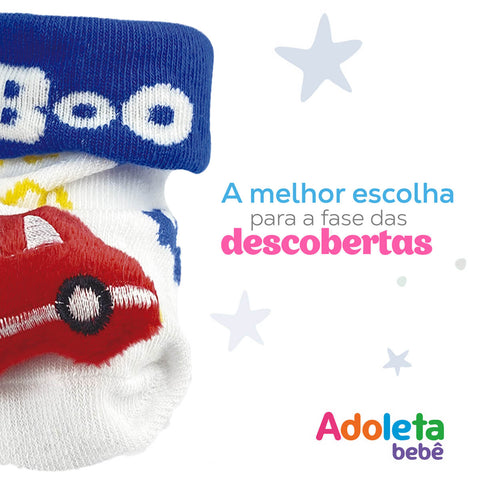 Meia Pantufa Antiderrapante Infantil Bebê 6 a 12m Carrinho Adoleta 3D Menino Divertida