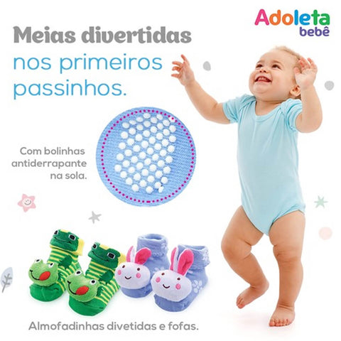 Meia Pantufa Antiderrapante Infantil Bebê 6 a 12m Carrinho Adoleta 3D Menino Divertida