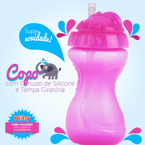 Copo de Transição Infantil 12m+ Nûby Tampa Retrátil Antivazamento 300ml Canudo de Silicone Rosa