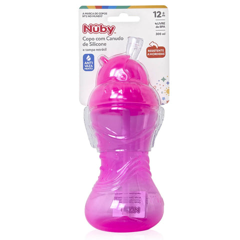 Copo de Transição Infantil 12m+ Nûby Tampa Retrátil Antivazamento 300ml Canudo de Silicone Rosa