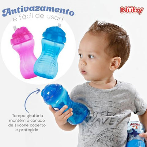 Copo de Transição Infantil 12m+ Nûby Tampa Retrátil Antivazamento 300ml Canudo de Silicone Rosa