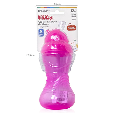 Copo de Transição Infantil 12m+ Nûby Tampa Retrátil Antivazamento 300ml Canudo de Silicone Rosa