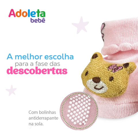 Meia Pantufa Menina Infantil 6m a 12m Divertida Antiderrapante Ursinho 3D Adoleta Bebê Rosa
