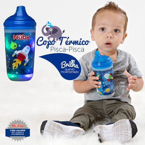 Copo Térmico Infantil Azul Nûby 6m+ Pisca-Pisca 300ml Antivazamento Bico Rígido Divertido