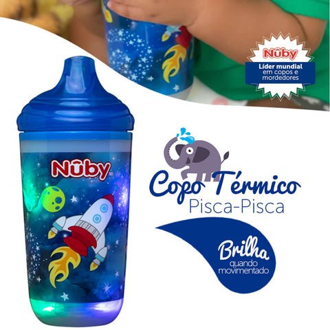 Copo Térmico Infantil Azul Nûby 6m+ Pisca-Pisca 300ml Antivazamento Bico Rígido Divertido