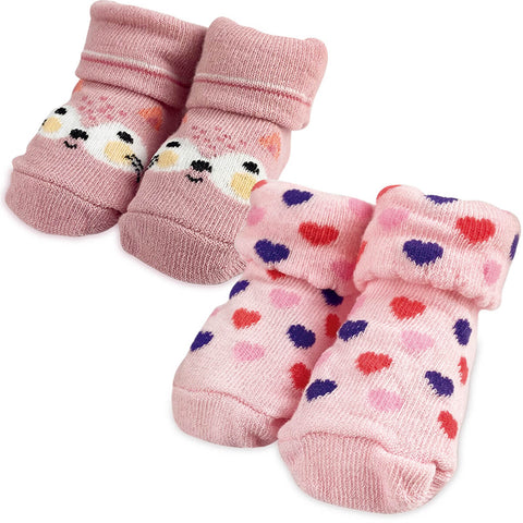 Kit Meia Infantil Pantufa 0 a 6m 2 Pares Menina Rosa Coração Gatinho Cano Alto Adoleta