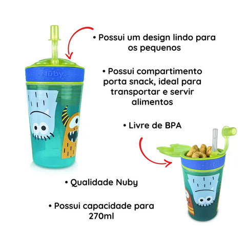 Copo com Porta Sanck 12m+ Infantil 270ml Nûby Menino Canudo e Tampa Divertido Monstros Azul