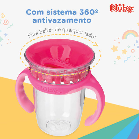 Copo Inteligente 12m 360 Nûby Menina Infantil 240ml Transição Antivazamento com Alças Rosa