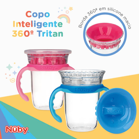 Copo Inteligente 12m 360 Nûby Menina Infantil 240ml Transição Antivazamento com Alças Rosa