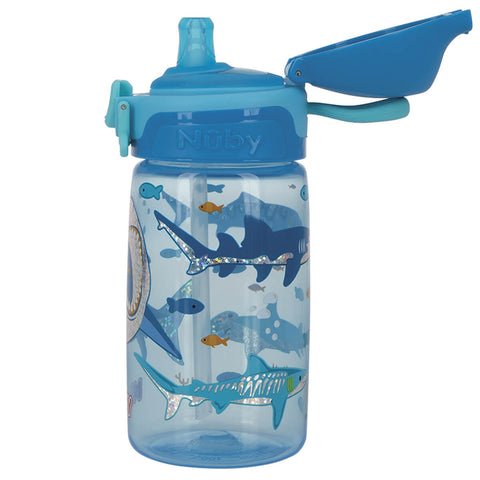 Garrafinha de Água Menino 18m Trava Botão 415ml Nûby Infantil Divertida Tubarão Azul Glitter