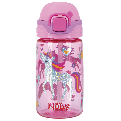 Garrafinha de Água 18m Menina Glitter Trava Botão 415ml Nûby Infantil Divertida Unicórnio Rosa