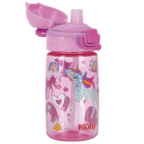 Garrafinha de Água 18m Menina Glitter Trava Botão 415ml Nûby Infantil Divertida Unicórnio Rosa