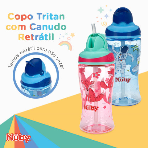 Copo para Criança Menino 18m Canudo Retrátil 360ml Nûby Bico de Silicone Infantil Astronauta Azul