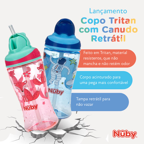 Copo para Criança Menino 18m Canudo Retrátil 360ml Nûby Bico de Silicone Infantil Astronauta Azul