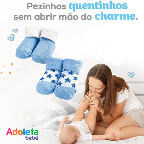 Kit de Meia para Recém Nascido Infantil Menino 2 Pares Azul Lisa Estrelinha Adoleta