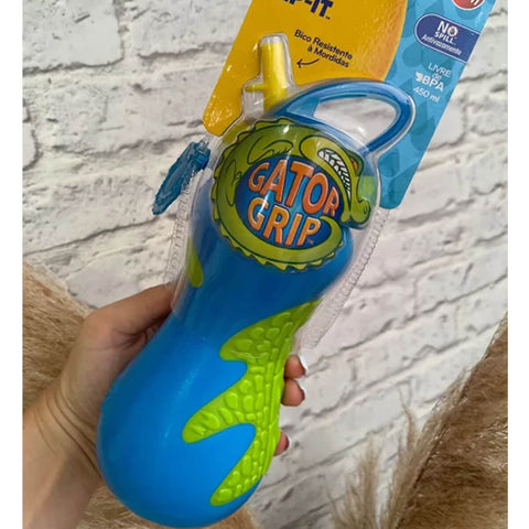Garrafa de Água Infantil 18m+ Nûby 450ml Copo Gator Menino Canudo Rígido Azul