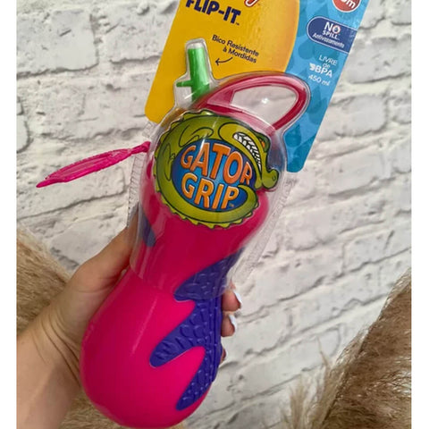 Garrafa de Água Infantil 18m+ Nûby 450ml Copo Gator Menina Canudo Rígido Rosa