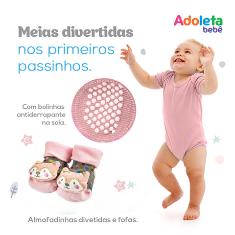 Meia Algodão Infantil Antiderrapante Menina 6 a 12 meses Raposa Cinza Rosa