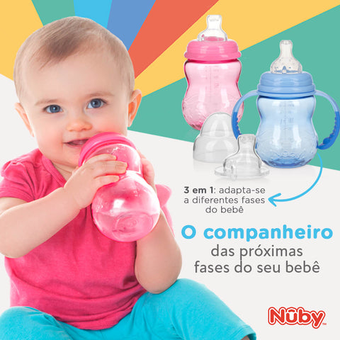 Copo de Transição Antivazamento Núby Infantil Menina 240ml 3m+ Rosa Tampa Alças Removíveis