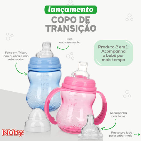 Copo de Transição Antivazamento Núby Infantil Menina 240ml 3m+ Rosa Tampa Alças Removíveis